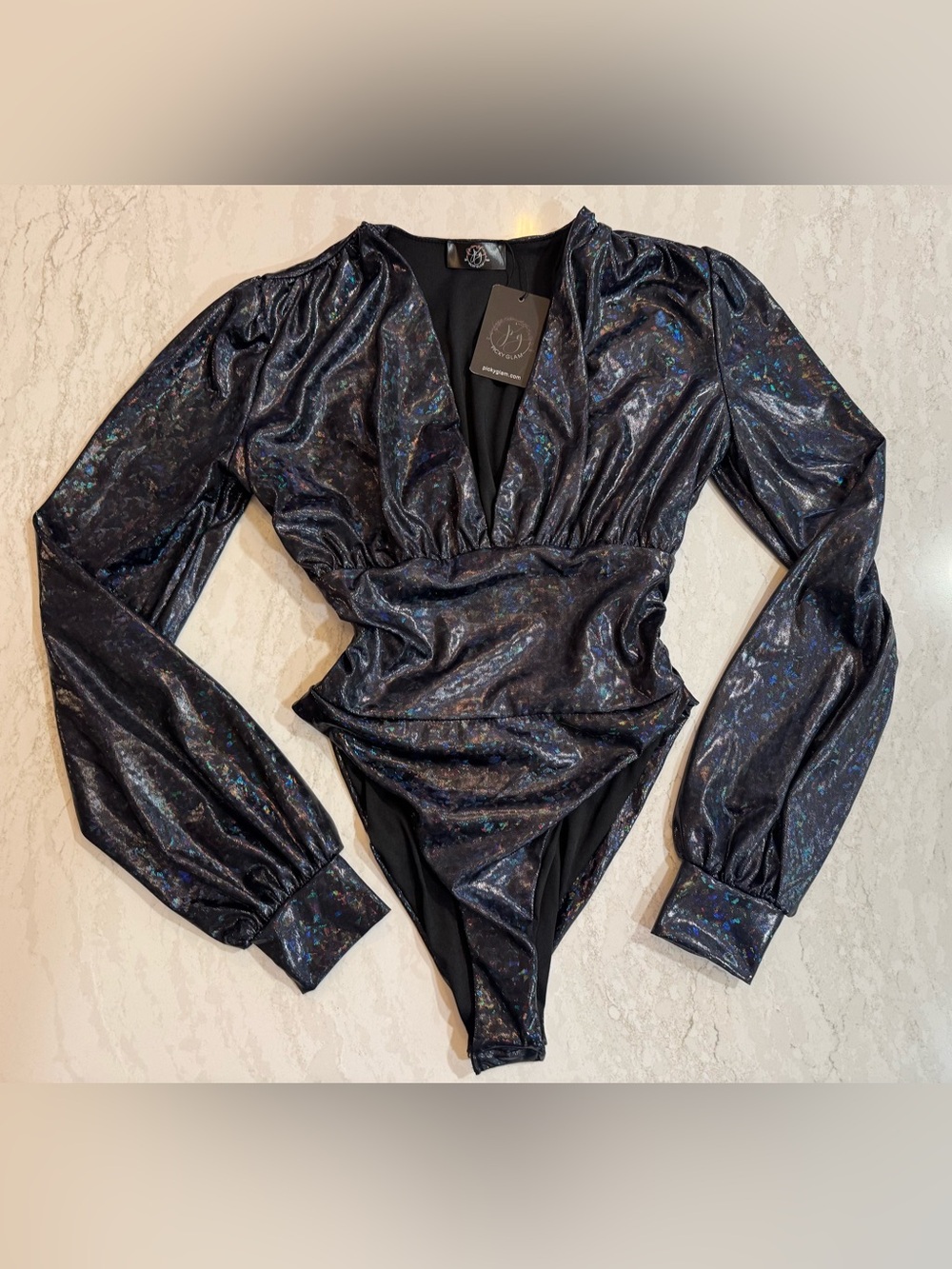 🪩🖤 NWT Black Holographic Long Sleeve Bodysuit Puff Sleeve S